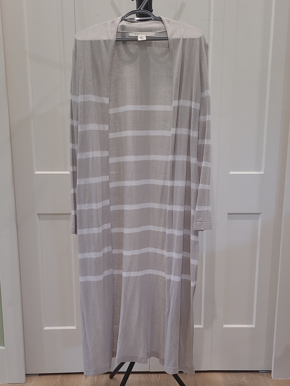 Max Studio Light Gray and White Striped Long Cardigan